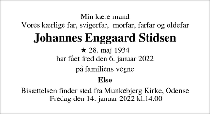 Dødsannoncen for Johannes Enggaard Stidsen - Odense