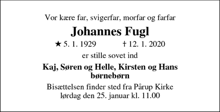 Dødsannoncen for Johannes Fugl - Odense NV