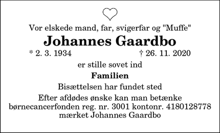 Dødsannoncen for Johannes Gaardbo - Bindslev