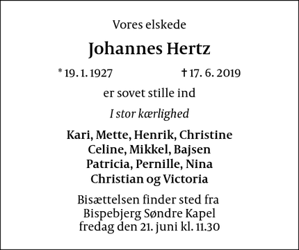 Dødsannoncen for Johannes Hertz - 2900 Hellerup