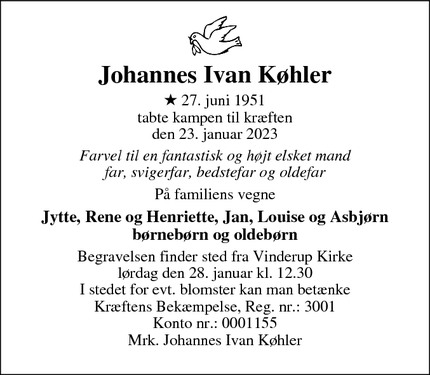 Dødsannoncen for Johannes Ivan Køhler - Ryde