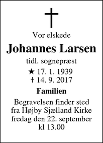 Dødsannoncen for Johannes Larsen - Nykøbing Sjælland