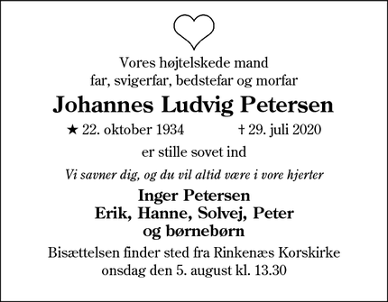 Dødsannoncen for Johannes Ludvig Petersen - Rinkenæs