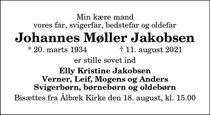 Dødsannoncen for Johannes Møller Jakobsen - Bindslev
