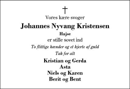 Dødsannoncen for Johannes Nyvang Kristensen - Bording