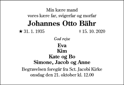 Dødsannoncen for Johannes Otto Bähr - Varde