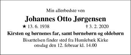 Dødsannoncen for Johannes Otto Jørgensen - Humlebæk
