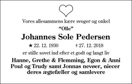Dødsannoncen for Johannes Sole Pedersen - Esbjerg