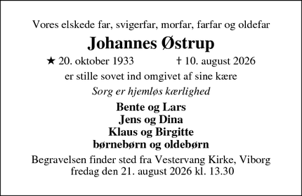 Dødsannoncen for Johannes &Oslash;strup - Åbyhøj