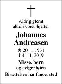 Dødsannoncen for Johannes
Andreasen - Bramming