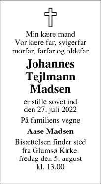 Dødsannoncen for Johannes
Tejlmann
Madsen - Tyvelse