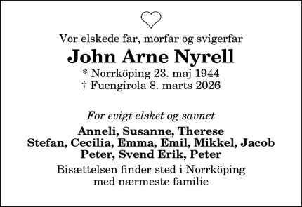 Dødsannoncen for John Arne Nyrell - Sindal