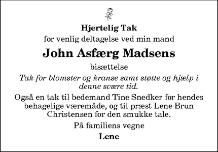 Dødsannoncen for John Asfærg Madsens - Hadsund