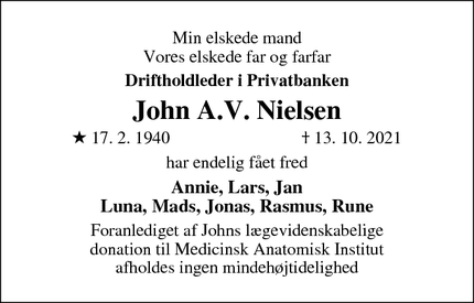 Dødsannoncen for John A.V. Nielsen - København