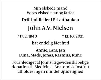 Dødsannoncen for John A.V. Nielsen - København