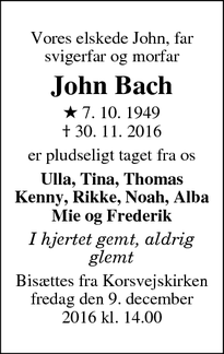 Dødsannoncen for John Bach - Tårnby