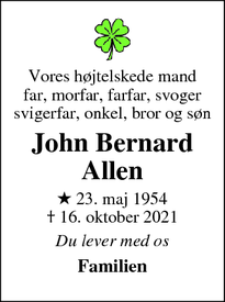 Dødsannoncen for John Bernard Allen - Frederiksberg