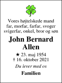 Dødsannoncen for John Bernard Allen - Frederiksberg