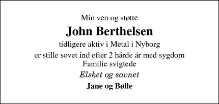 Dødsannoncen for John Berthelsen  - Oksbøl