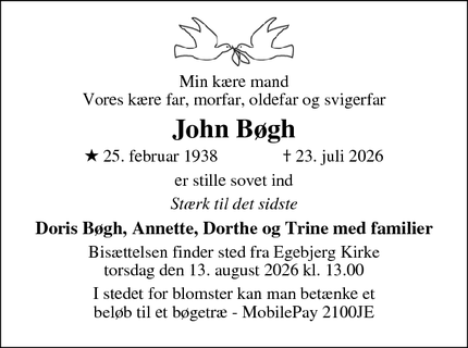 Dødsannoncen for John B&oslash;gh - Nykøbing Sjælland
