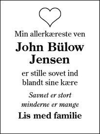 Dødsannoncen for John Bülow Jensen - Esbjerg