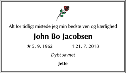 Dødsannoncen for John Bo Jacobsen - København