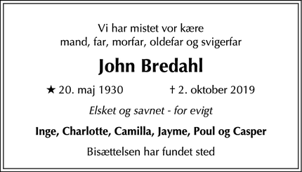 Dødsannoncen for John Bredahl - Vallensbæk