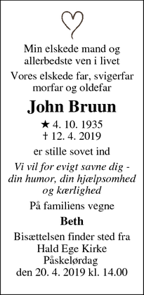 Dødsannoncen for John Bruun - Viborg