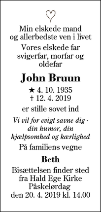 Dødsannoncen for John Bruun - Viborg