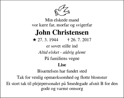 Dødsannoncen for John Christensen  - Slagelse