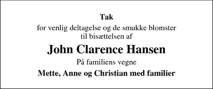 Dødsannoncen for John Clarence Hansen - Nødebo