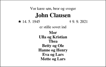 Dødsannoncen for John Clausen - Videbæk