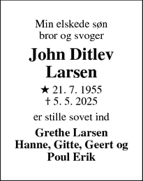 Dødsannoncen for John Ditlev
Larsen - Varde