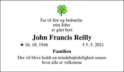 Dødsannoncen for John Francis Reilly  - Brabrand 