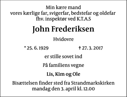 Dødsannoncen for John Frederiksen  - Hvidovre