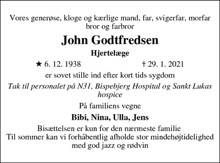 Dødsannoncen for John Godtfredsen - København