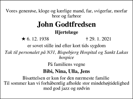 Dødsannoncen for John Godtfredsen - København