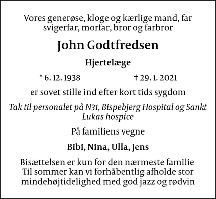 Dødsannoncen for John Godtfredsen - København