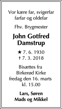 Dødsannoncen for John Gotfred Damstrup - Birkerød