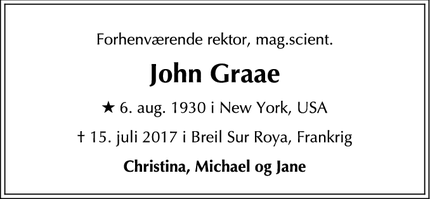 Dødsannoncen for John Graae - Breil sur Roya, Frankrig