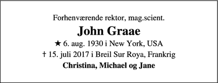 Dødsannoncen for John Graae - Breil sur Roya, Frankrig