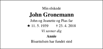 Dødsannoncen for John Gronemann - Greve