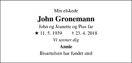 Dødsannoncen for John Gronemann - Greve