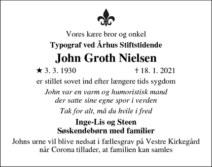 Dødsannoncen for John Groth Nielsen - Aarhus N