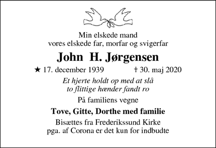 Dødsannoncen for John  H. Jørgensen - Frederikssund