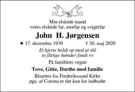 Dødsannoncen for John  H. Jørgensen - Frederikssund