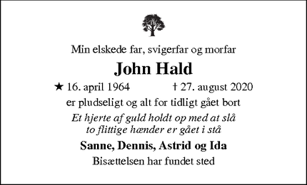 Dødsannoncen for John Hald - Fredericia