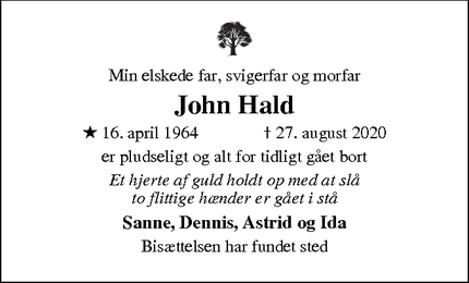 Dødsannoncen for John Hald - Fredericia