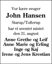 Dødsannoncen for John Hansen - Varde