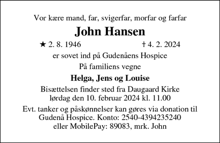 Dødsannoncen for John Hansen - Lindved